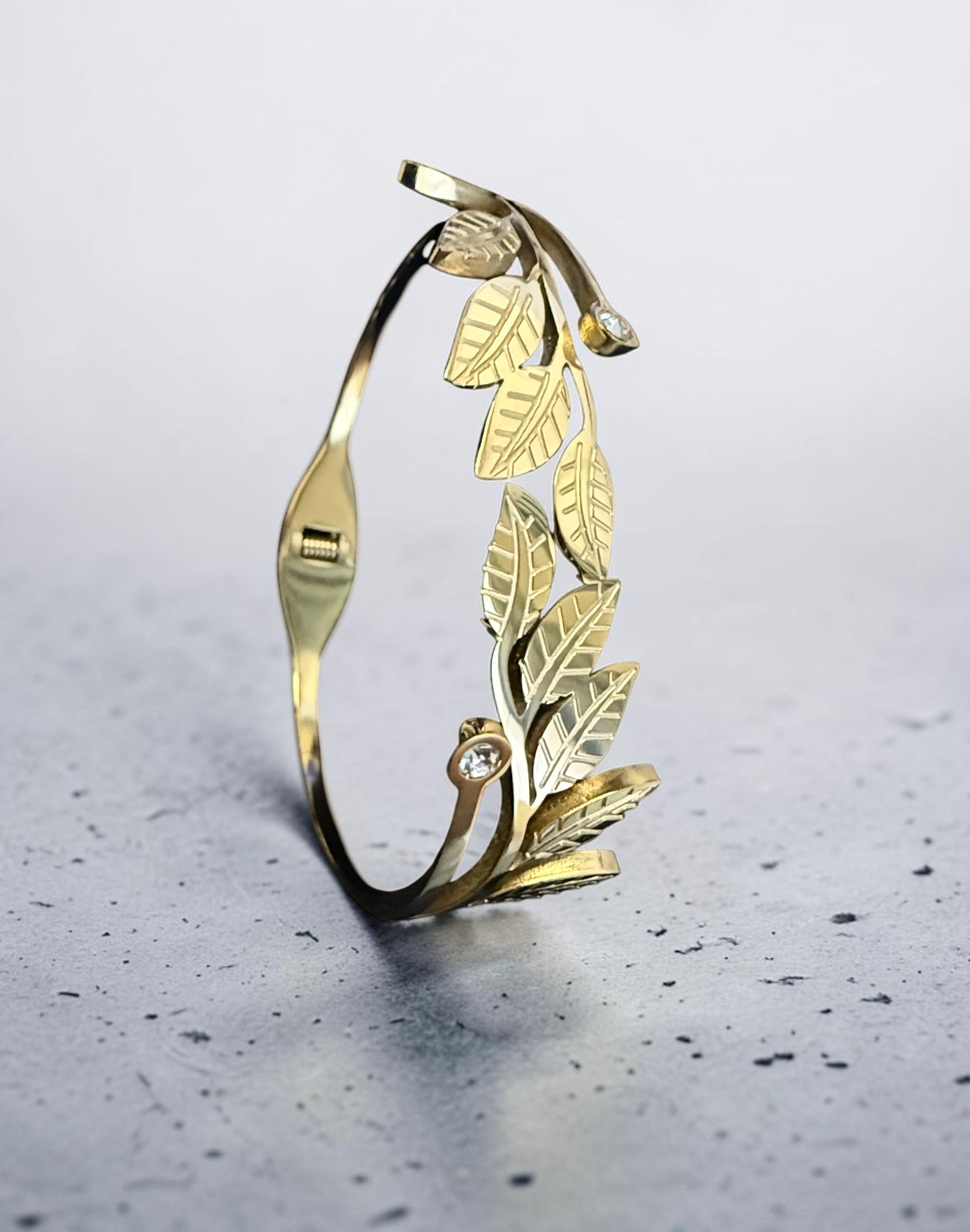 Gold Tone Leaf Vine Stretch Open Bangle Bracelet with Clear Stone Accents 8060
