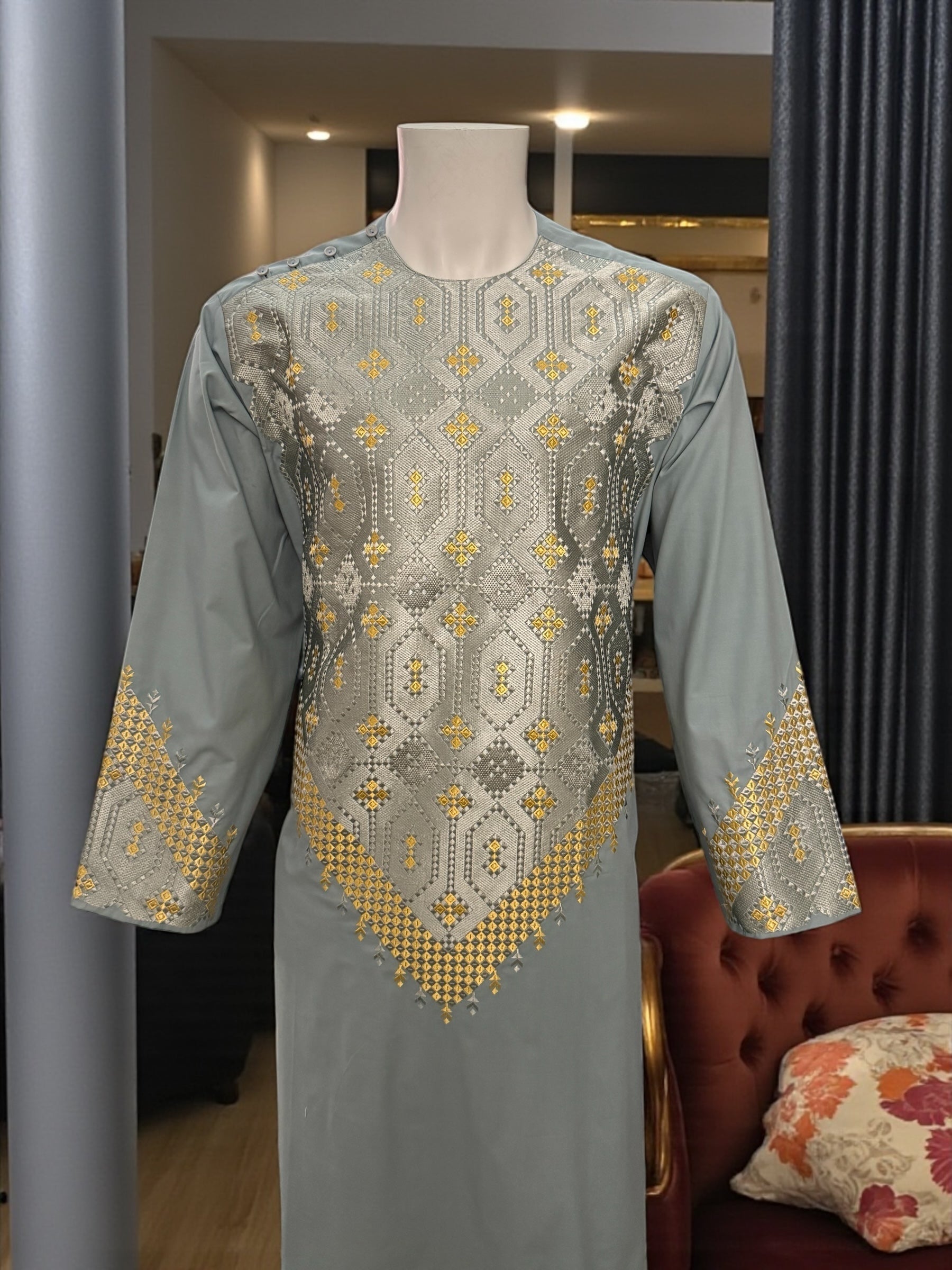 Men’s Sage Green Kameez – Sage Green with Gold Machine Embroidery | XL Size Afghan Traditional Wear