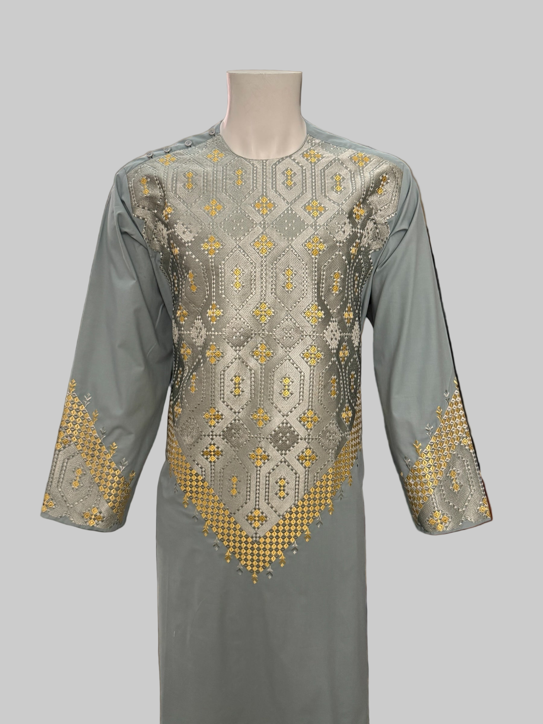 Men’s Sage Green Kameez – Sage Green with Gold Machine Embroidery | XL Size Afghan Traditional Wear