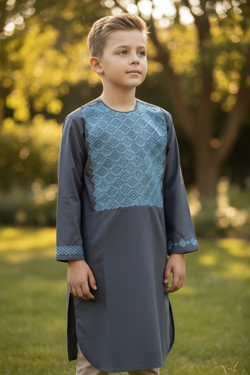 9 years old Gray Afghan Parahan Tunban for boys, Light Blue Machine Embroidery