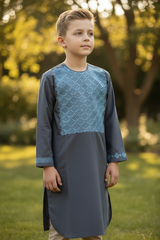 9 years old Gray Afghan Parahan Tunban for boys, Light Blue Machine Embroidery