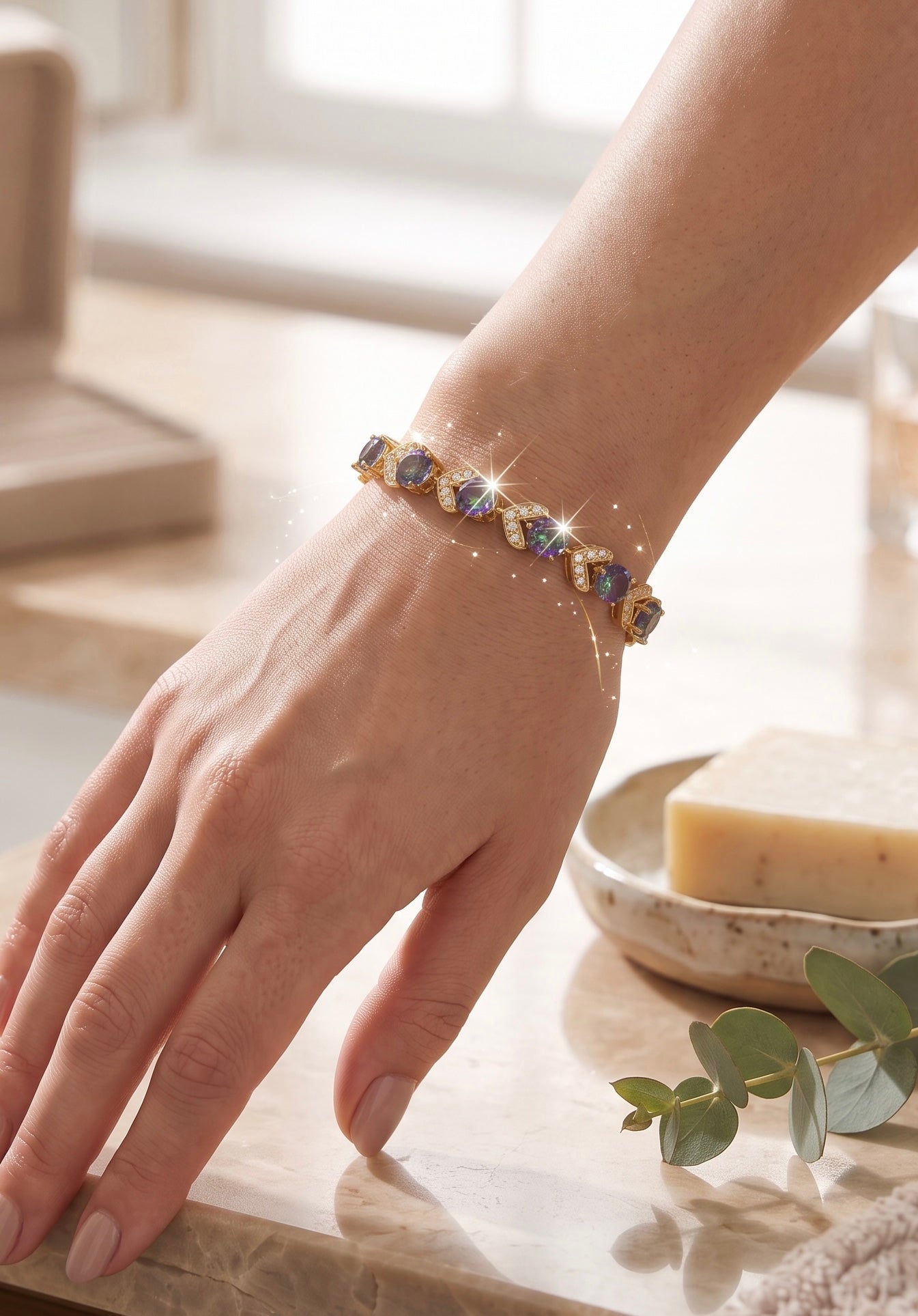 Mystic Rainbow Crystal Bracelet – Gold Tone Leaf Link Statement Bracelet 7097