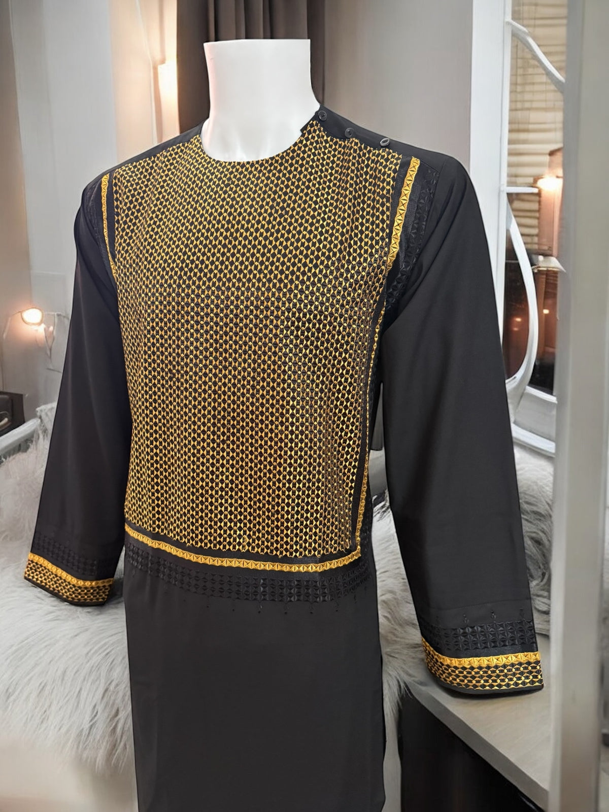Machine Khamakdozi Embroidered Parahan Tunban for Men – Black & Gold | Small