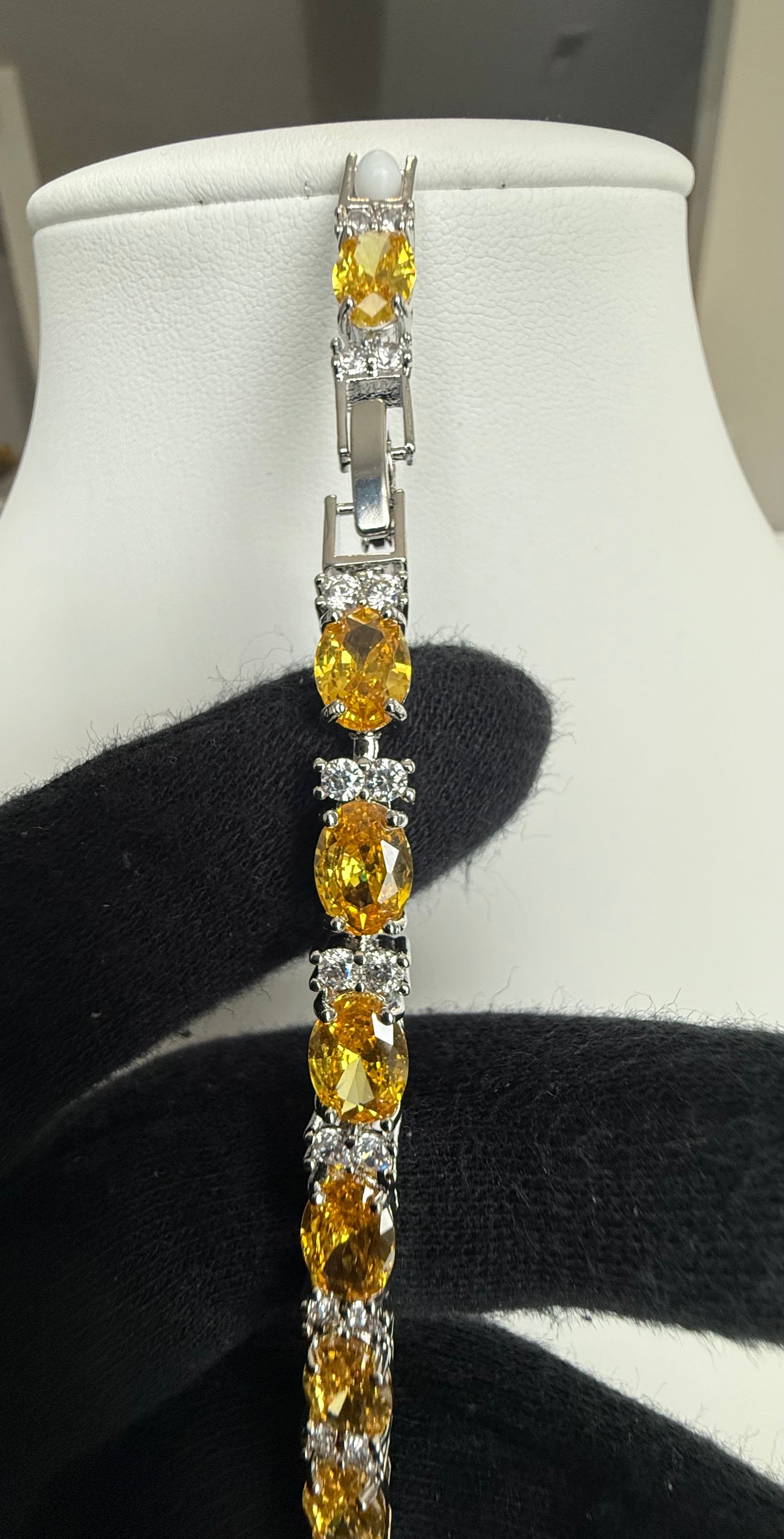 Yellow Oval Crystal Tennis Bracelet – Silver Tone Statement Bracelet 7145