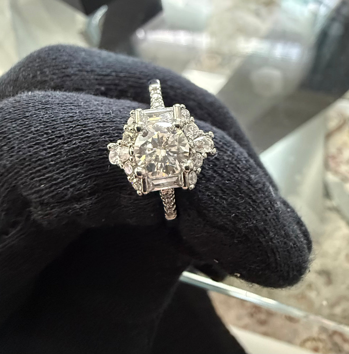 Size 9 Sterling Silver Round Cut Moissanite Halo Engagement Ring with Baguette Accents | Women’s Fine Jewelry 6001