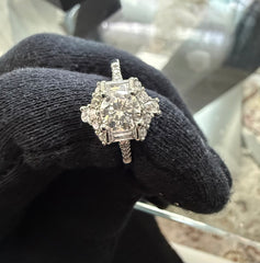 Size 9 Sterling Silver Round Cut Moissanite Halo Engagement Ring with Baguette Accents | Women’s Fine Jewelry 6001