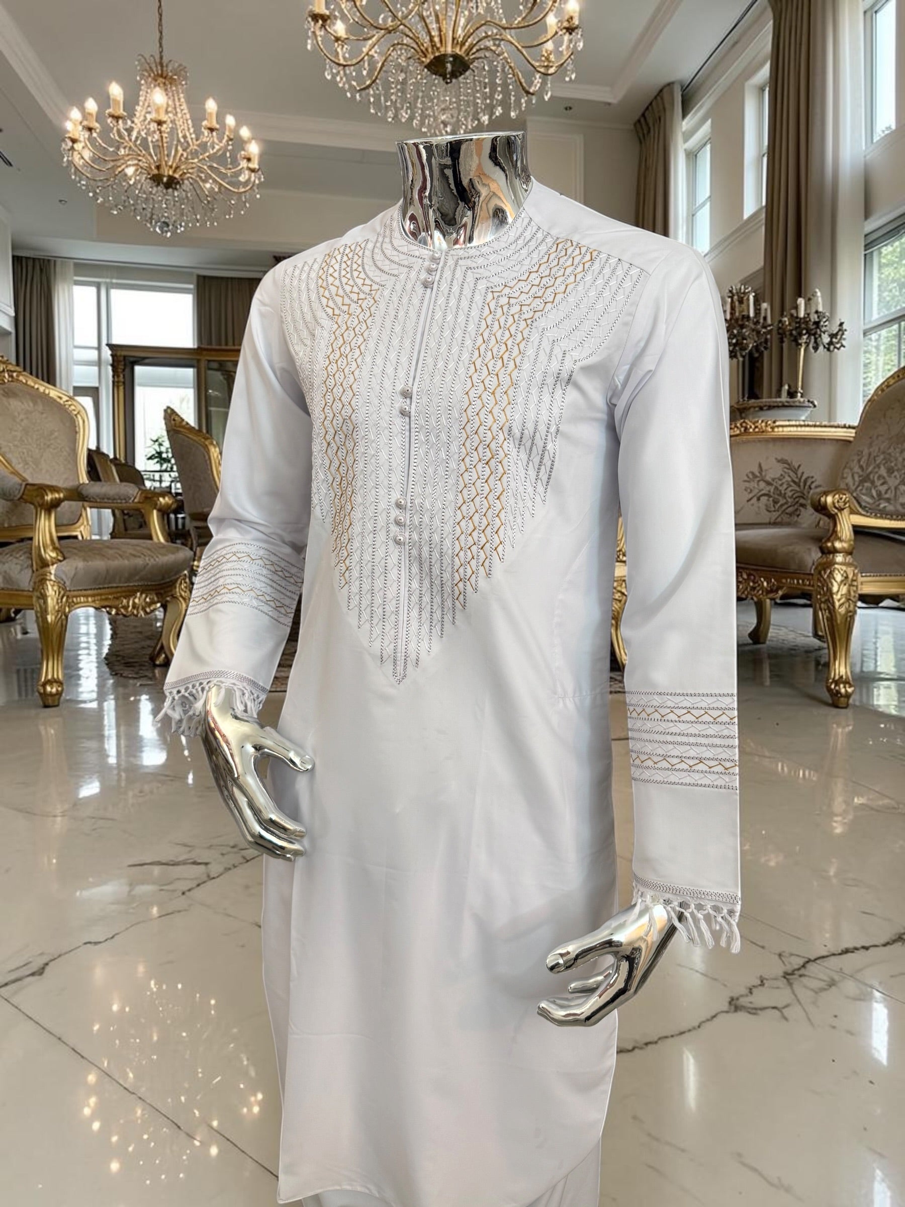 X-Small to Small Men’s White Afghan Parahan Tunban – Handmade Gold Embroidery on Chest & Sleeves