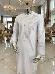 X-Small to Small Men’s White Afghan Parahan Tunban – Handmade Gold Embroidery on Chest & Sleeves