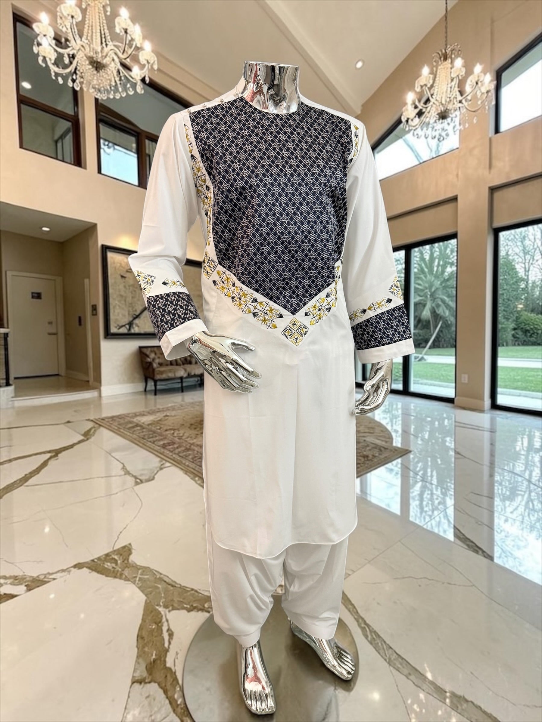 Small Off White Afghan Parahan Tunban Set – Premium Hand Embroidery Traditional Men’s Outfit with Matching Chadder Patto