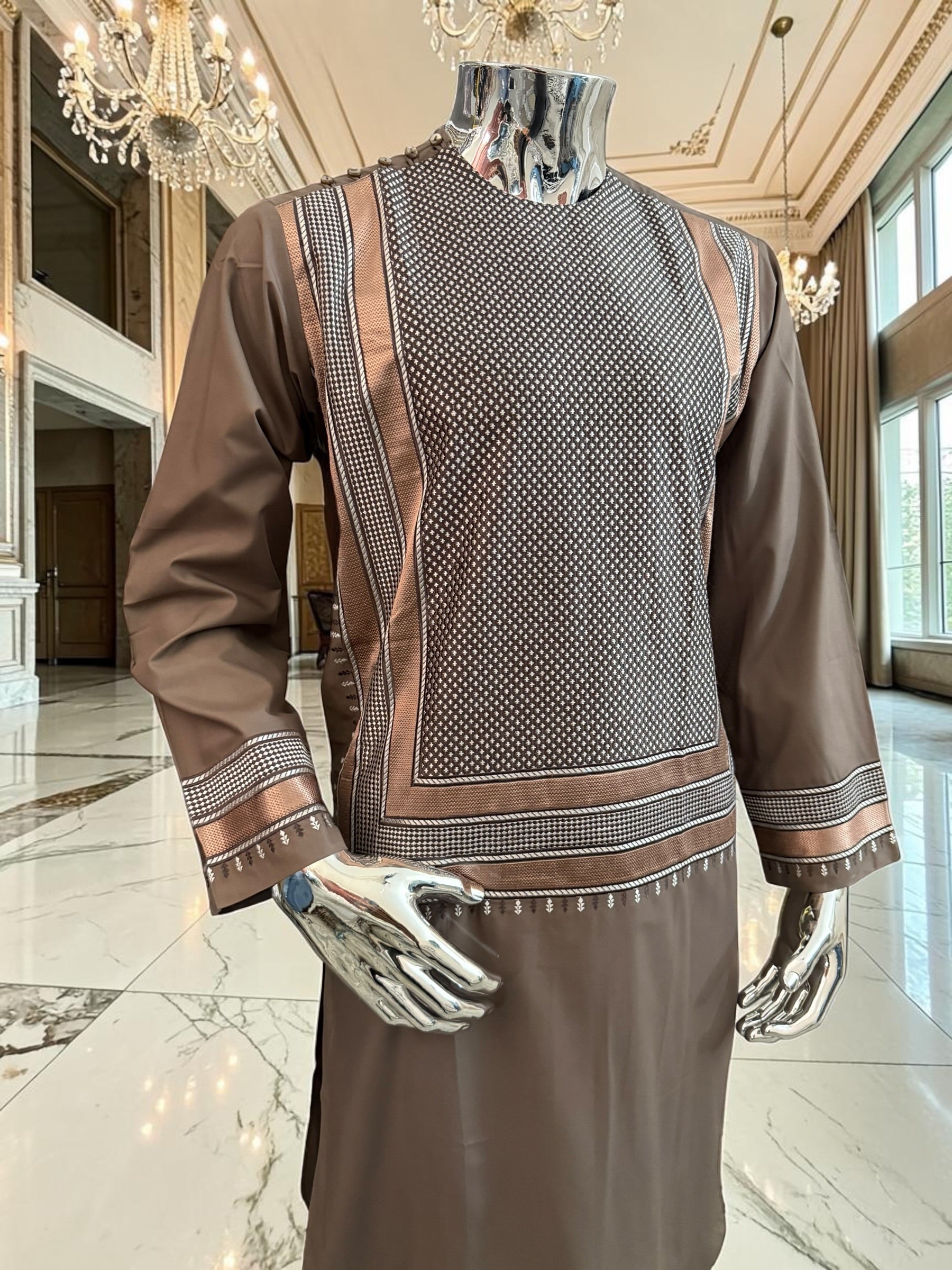 Small Taupe Brown Embroidered Men’s Parahan Tunban Yakhandozi – Premium Traditional Kandahari Yakhan
