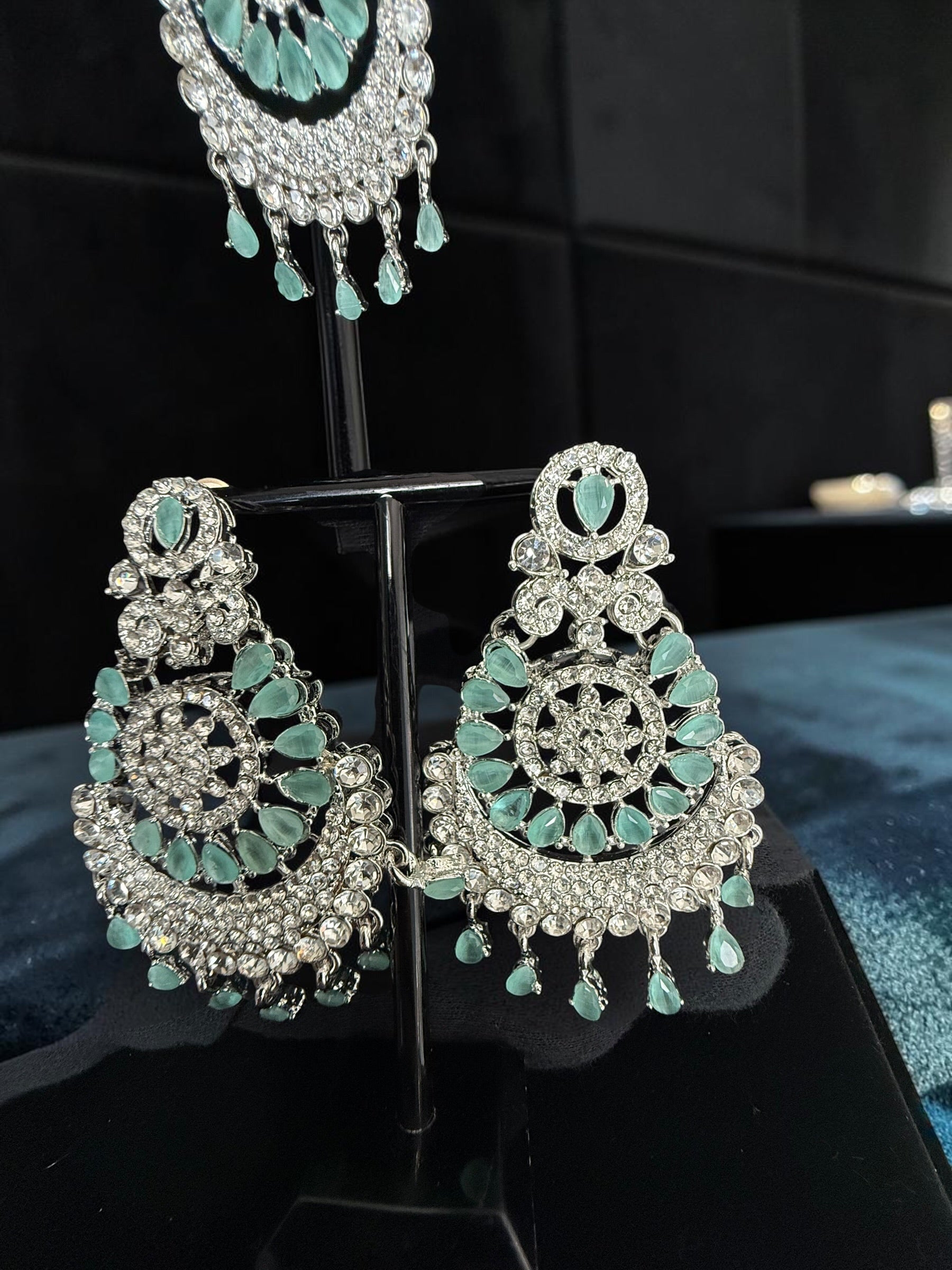 Indian Pakistani Afghan American Diamond Earrings with Maang Tikka Set | Bridal Chandbali Earrings | Wedding Jewelry Gift | 6 Color Options
