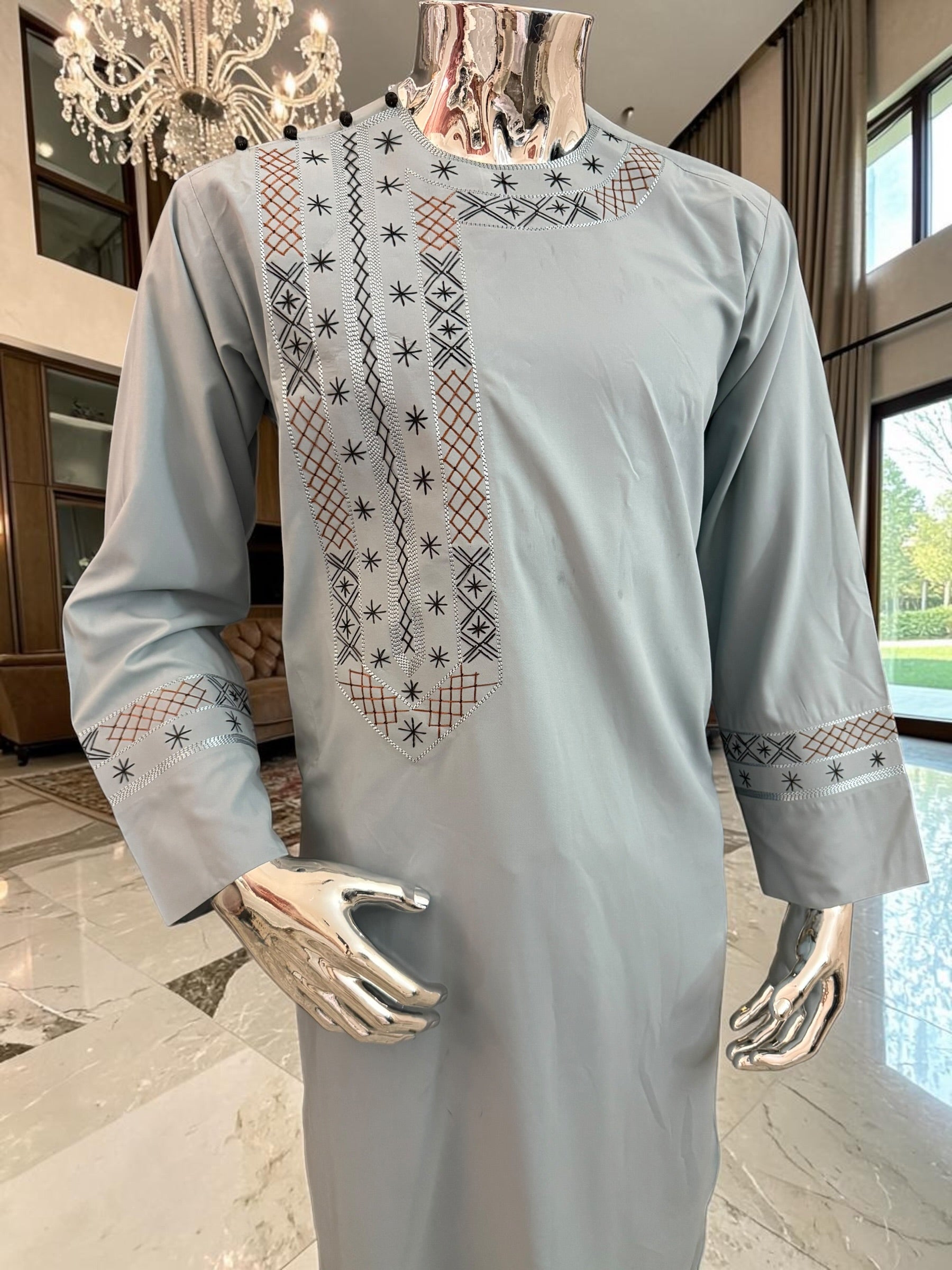 Small Men’s Hand Embroidered Afghan Parahan Tunban Set with Matching Shawl – Soft Silver green  Traditional Outfit