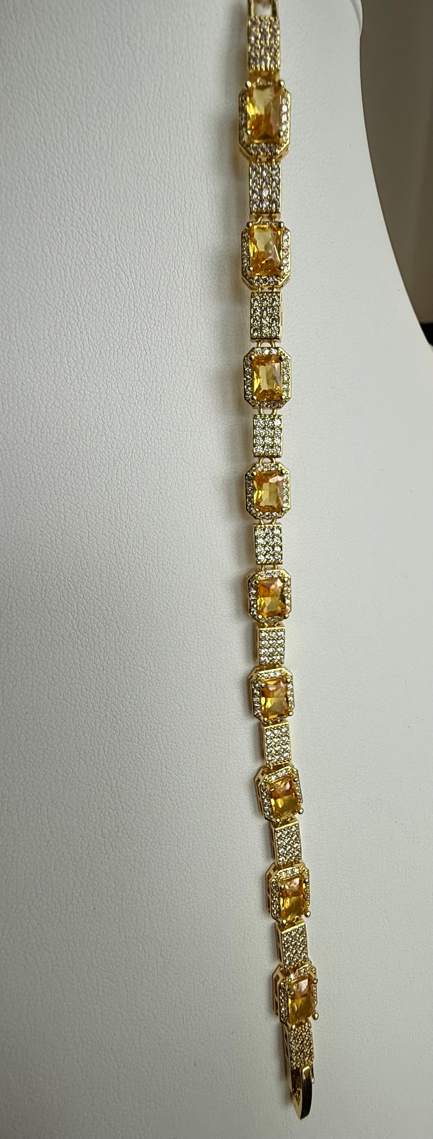 Golden Yellow Emerald-Cut Crystal Tennis Bracelet – Gold Tone Rhinestone Halo Statement Jewelry 7069