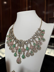 Pastel Pink & Mint Green Kundan Half Bridal Jewelry Set – 6-Piece Necklace, Earrings, Sheeshphool, Nath & Adjustable Rings 6061