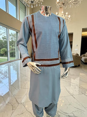 Medium Turquoise Afghan Parahan Tunban with Brown and White Premium Machine Embroidery for Boys/Men