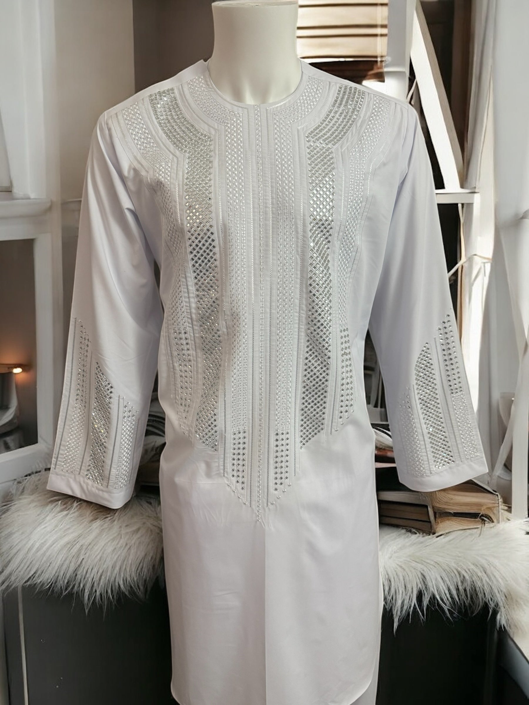 Afghan Parahan Tunban for Men White Silver Shesha Mirror Work Machine Embroidered X-Large (Minor Stain)
