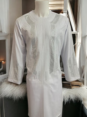 Afghan Parahan Tunban for Men White Silver Shesha Mirror Work Machine Embroidered X-Large (Minor Stain)