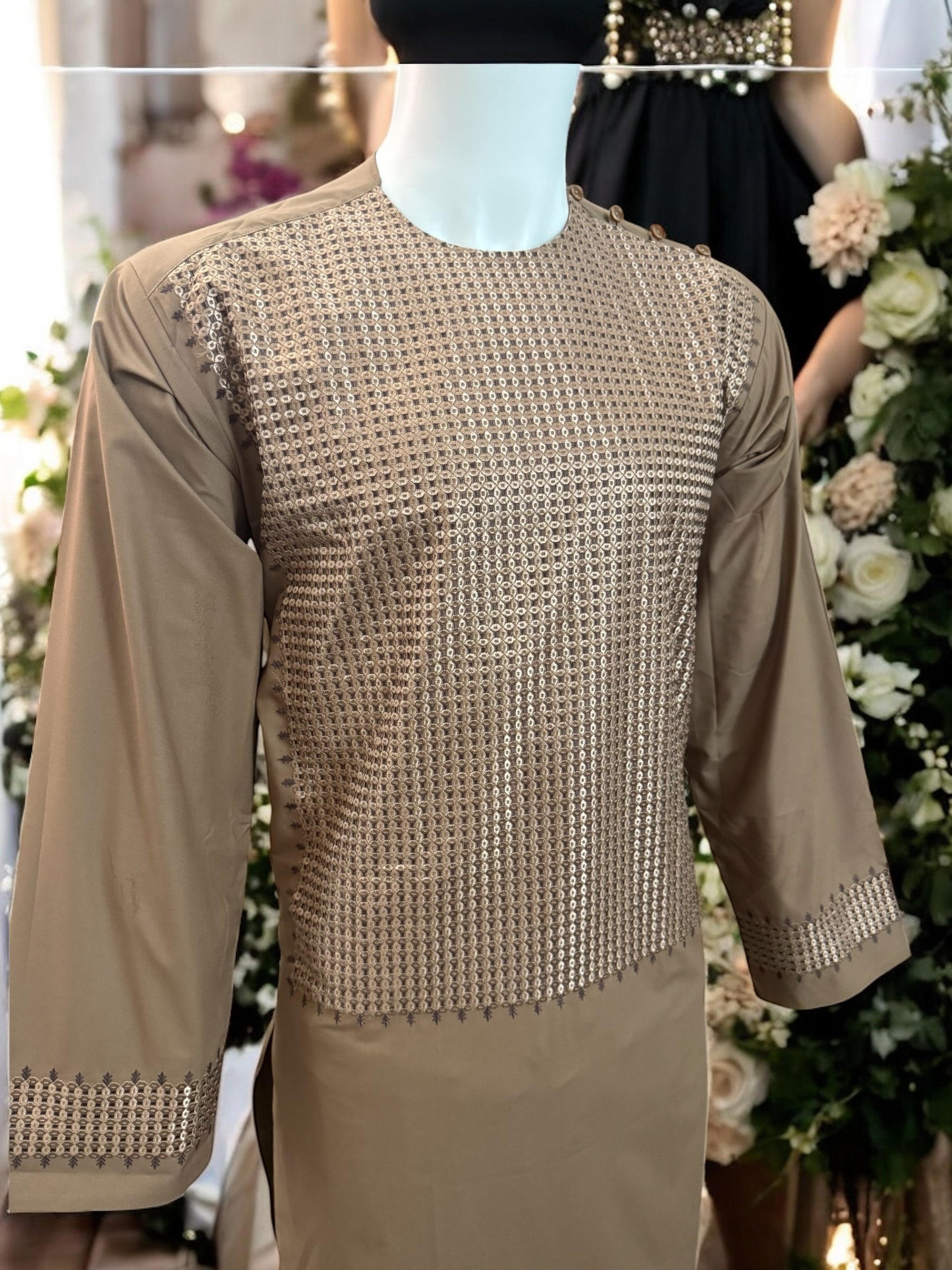 Afghan Parahan Tunban for Men Machine Embroidered Taupe Traditional Wear Medium