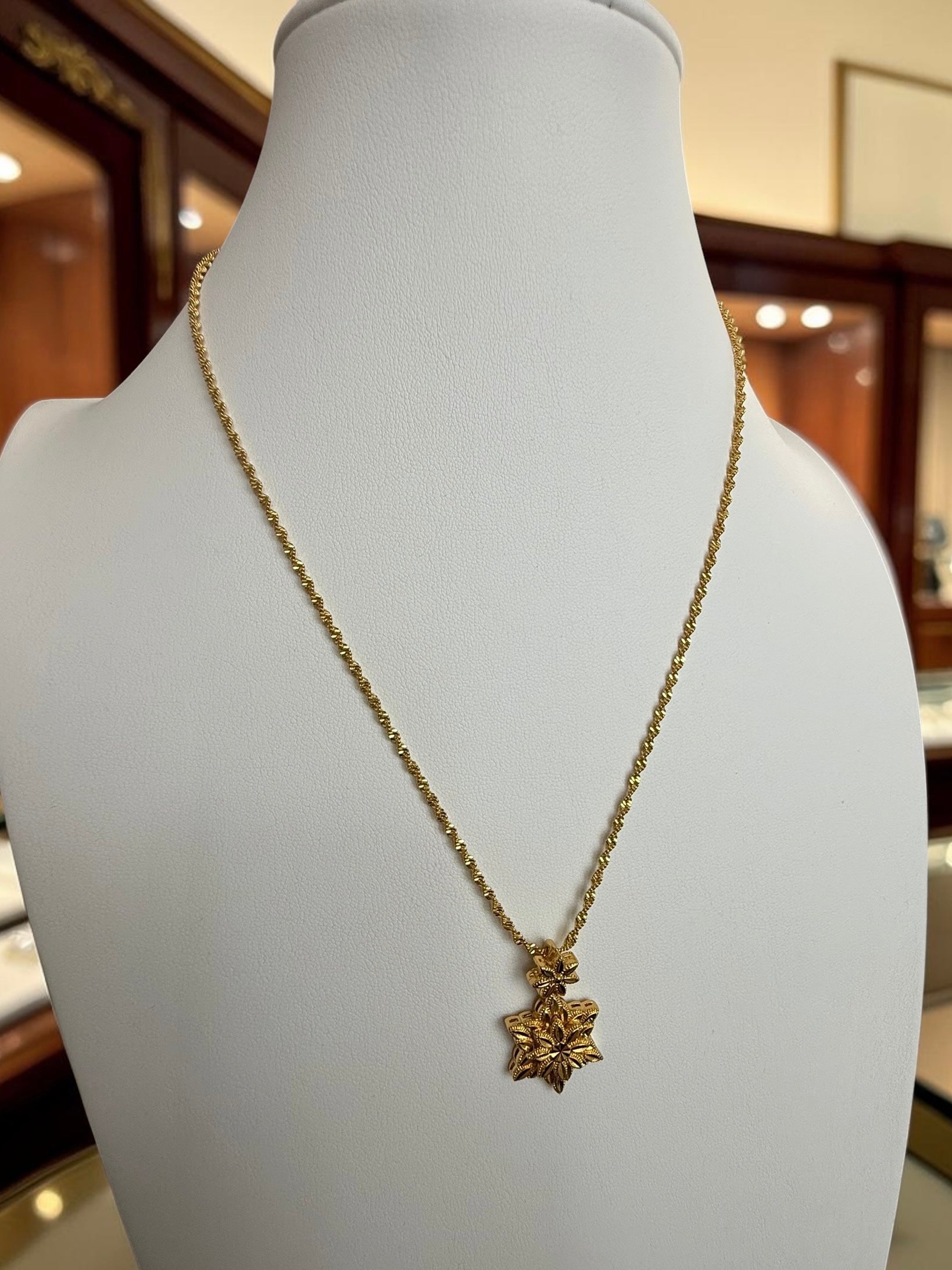 Gold Plated Brass Floral Pendant Necklace & Dangle Earrings Set for Women | Traditional Flower Jewelry Set 6091