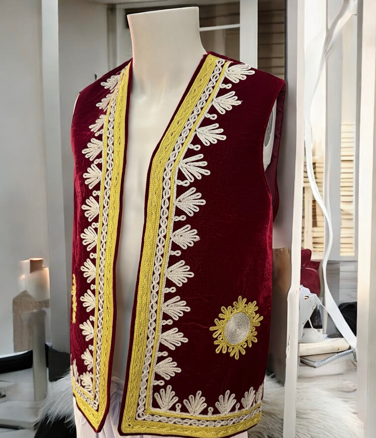 Men’s Maroon Velvet Afghan Vest with Gold & White Chermadozi | Handmade Traditional Waistcoat | Small