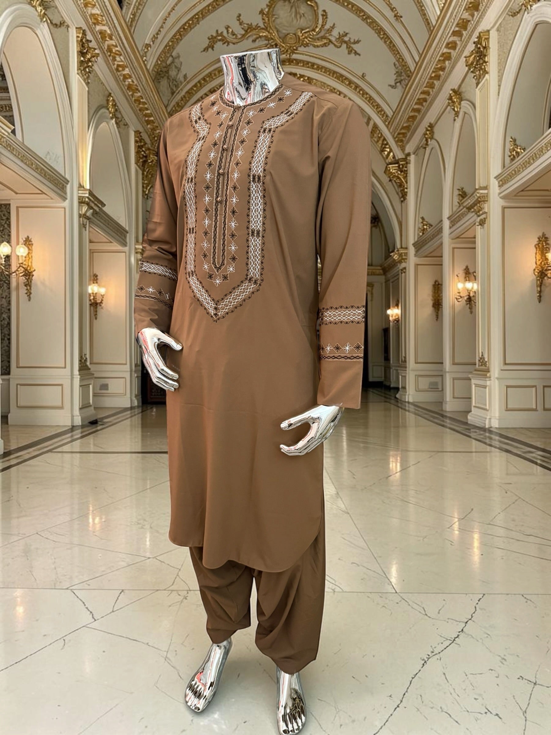 Men’s Brown Hand-Embroidered Afghan Parahan Tunban with Matching Shawl in Small, Medium, or Large