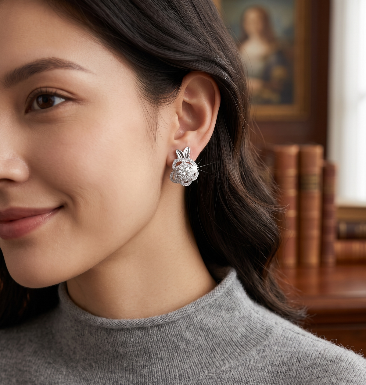 Moissanite Rose Flower Stud Earrings – Round Cut Floral Statement Earrings 7162