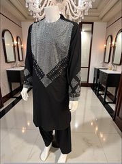 Large Black Afghan Parahan Tumban with Silver Shesha Mirror Embroidery – Men’s Traditional Wear