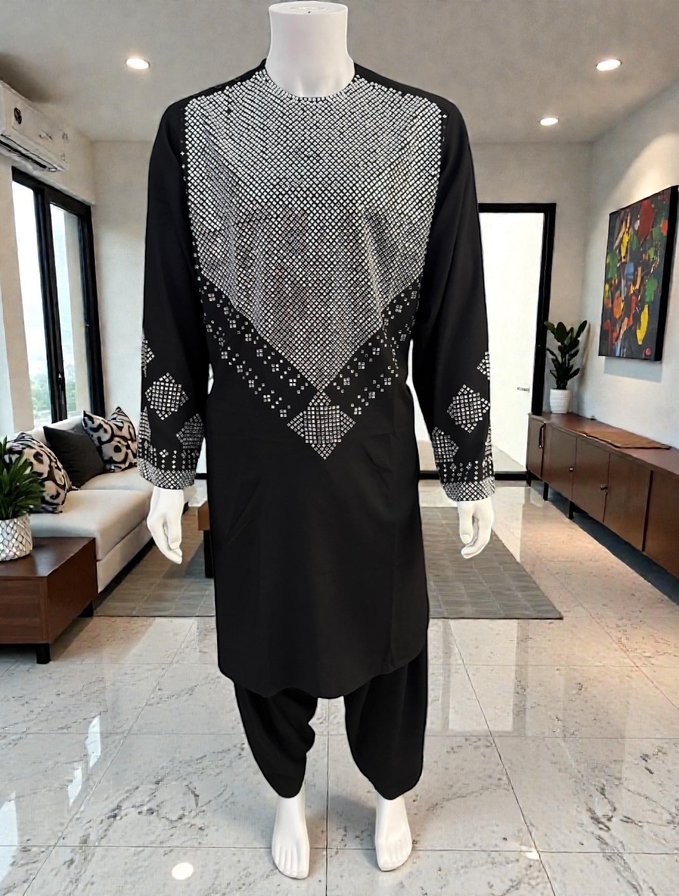 Men’s Black Parahan Tunban – White Shesha (Mirror) Style Embroidery on Chest & Sleeves | Afghan Traditional Outfit Small