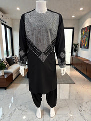 Men’s Black Parahan Tunban – White Shesha (Mirror) Style Embroidery on Chest & Sleeves | Afghan Traditional Outfit Small