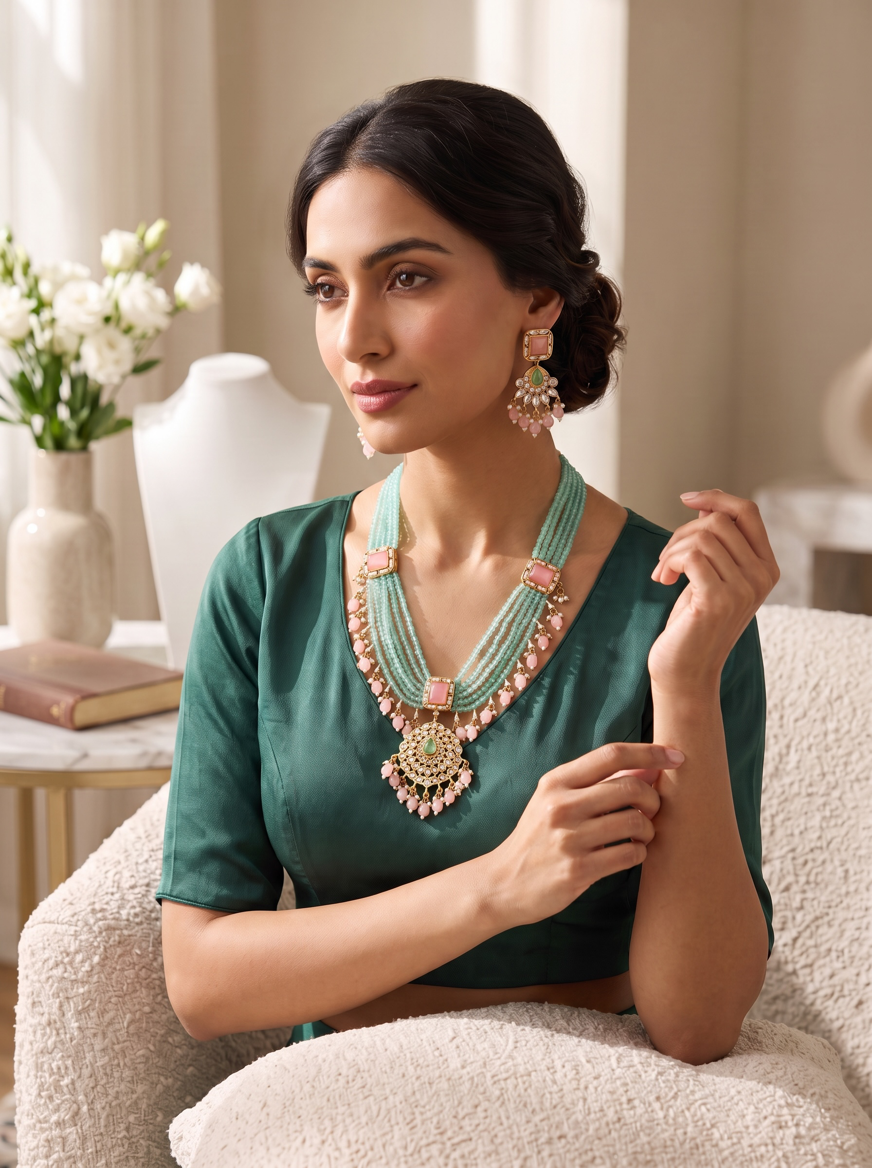 Mint Green & Pink Beaded Kundan Necklace and Earrings Set.   074