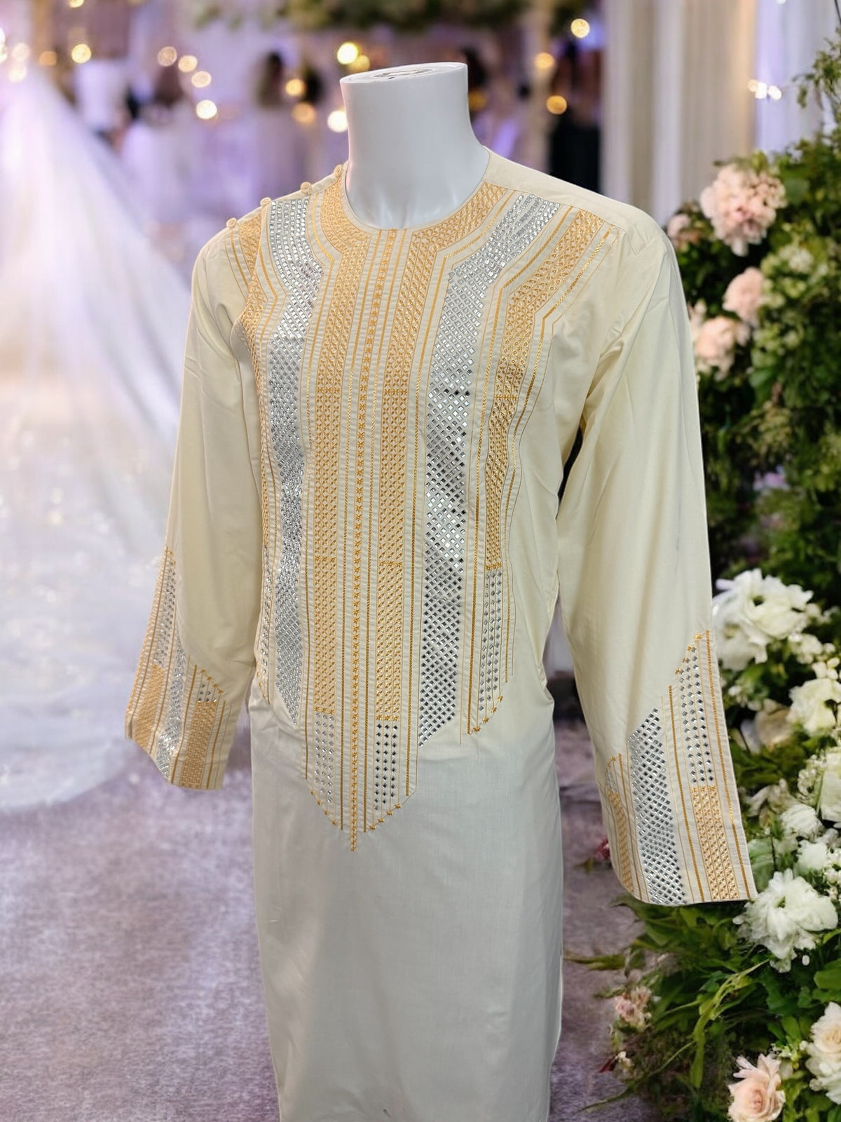 Afghan Parahan Tunban for Men Shesha Mirror Work Machine Embroidered Cream Traditional Wear X-Large