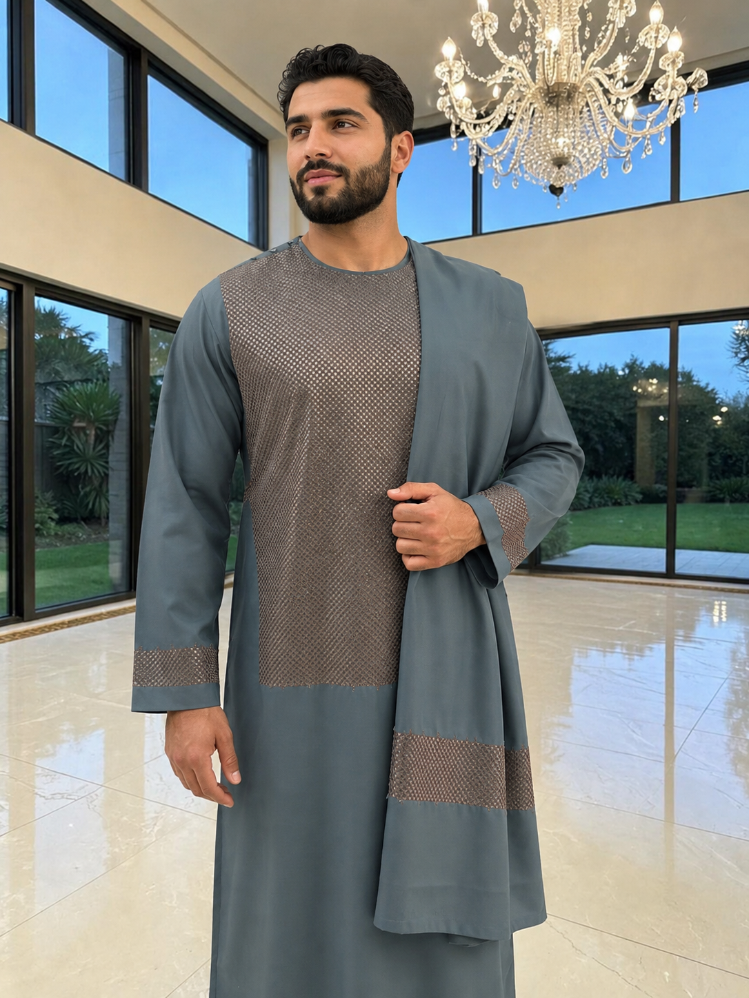 X-Large Men’s Slate Teal & Bronze Embroidered 3-Piece Parahan Tunban with Matching Tunban & Shawl | Afghan Traditional Outfit 7222