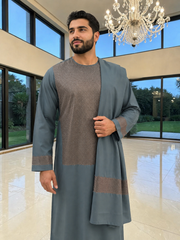 X-Large Men’s Slate Teal & Bronze Embroidered 3-Piece Parahan Tunban with Matching Tunban & Shawl | Afghan Traditional Outfit 7222