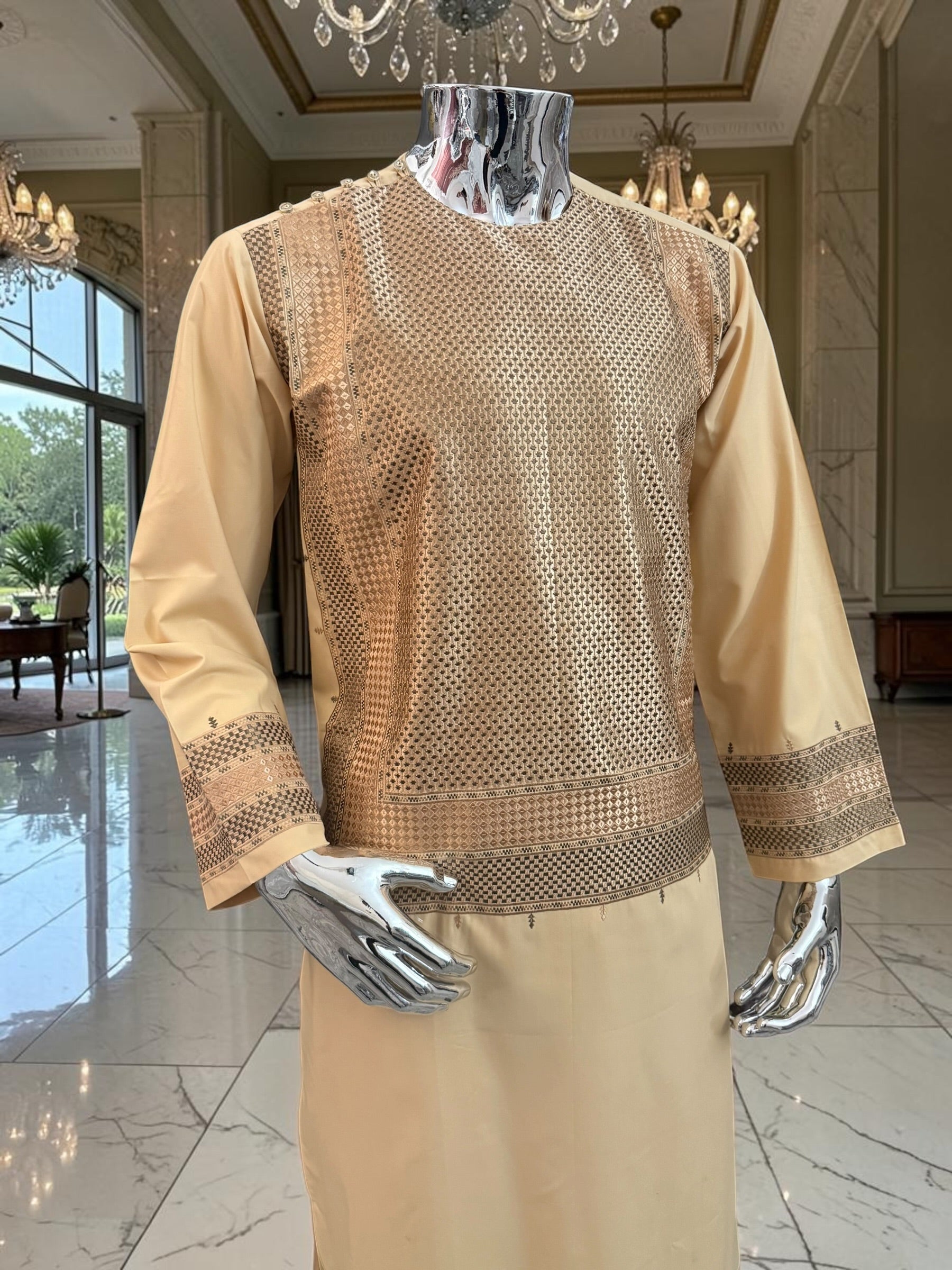 Medium Men’s Tan Parahan Tunban with Premium Machine Embroidery