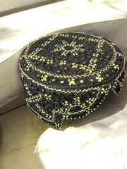 Black and Gold Baluchi Hat with Brown Accents – Hand Embroidered Traditional Men’s Cap with Shesha Mirror Work