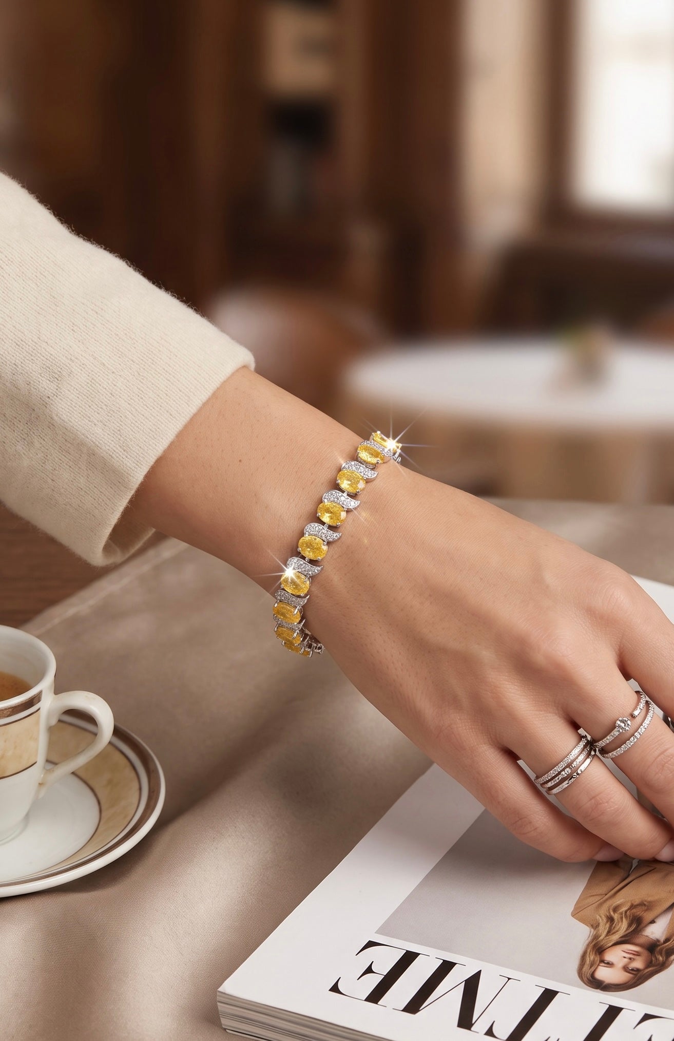 Yellow Crystal Link Bracelet – Silver-Tone Oval Stone & Pavé Swirl Bracelet for Women 7124