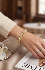 Yellow Crystal Link Bracelet – Silver-Tone Oval Stone & Pavé Swirl Bracelet for Women 7124