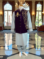 Medium Purple Velvet Men’s Waistcoat – Heavy Handmade Zari & Dabka Embroidery | Luxury Wedding waistcoat