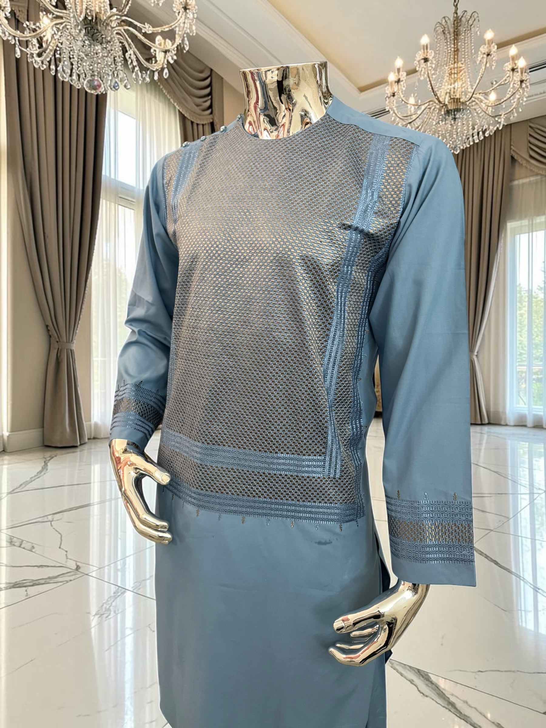 Small Men’s Steel Blue Embroidered Parahan Tunban 3-Piece Set with Matching Shawl 7228