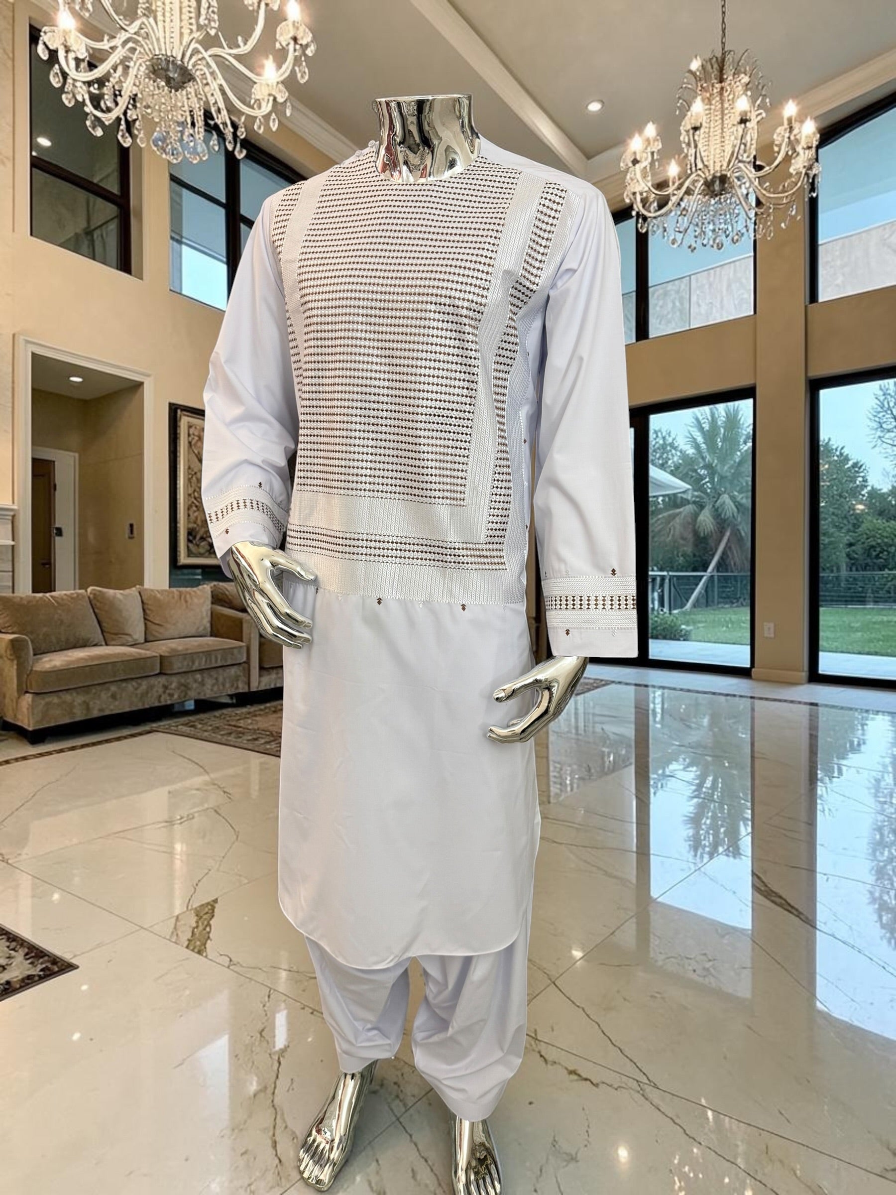 Large White Afghan Parahan Tunban for Men – Premium Machine Embroidered Outfit