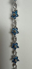Blue Crystal Flower Bracelet – Silver Tone Floral Rhinestone Link Bracelet for Women 7072