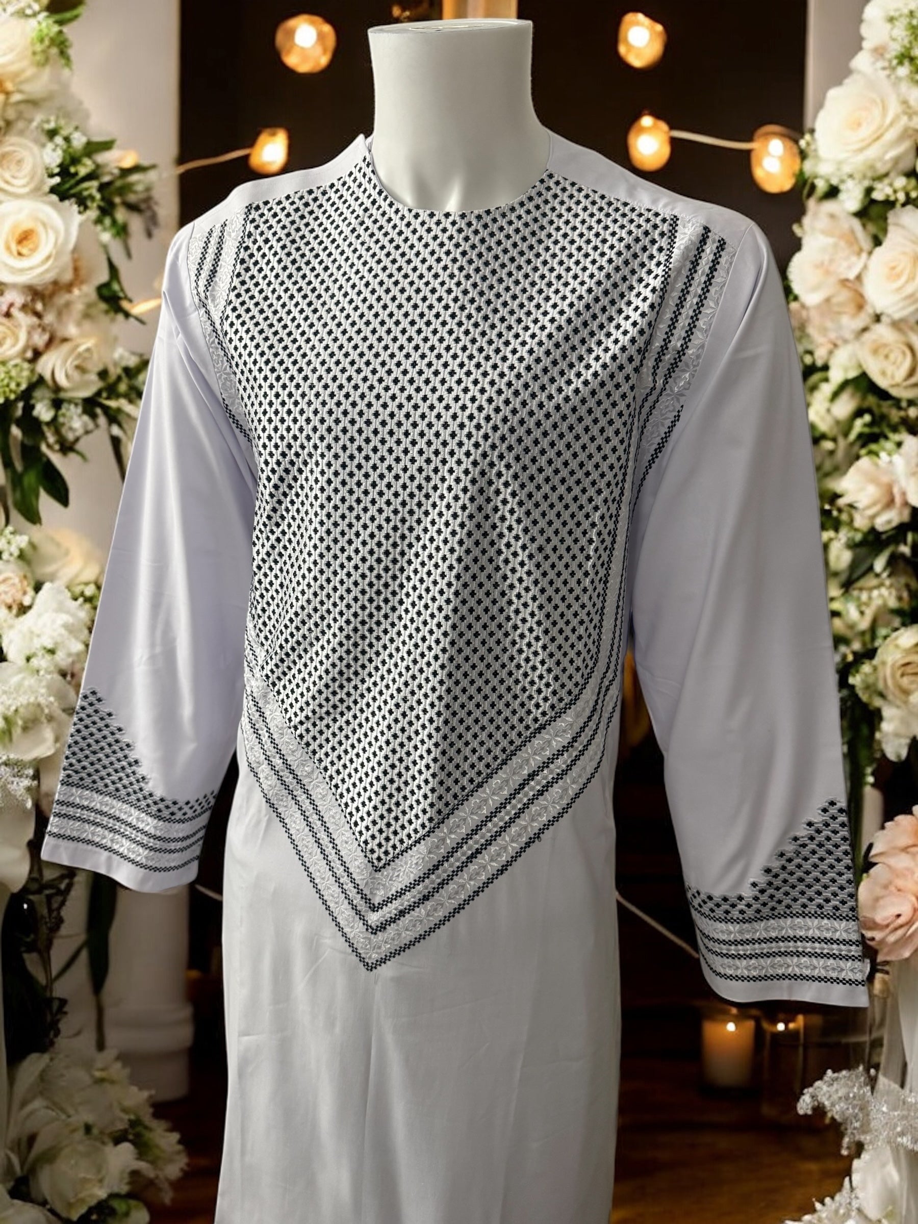 Men’s White Parahan Tumban with Black Embroidery  Medium