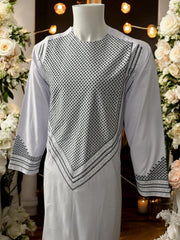 Men’s White Parahan Tumban with Black Embroidery  Medium
