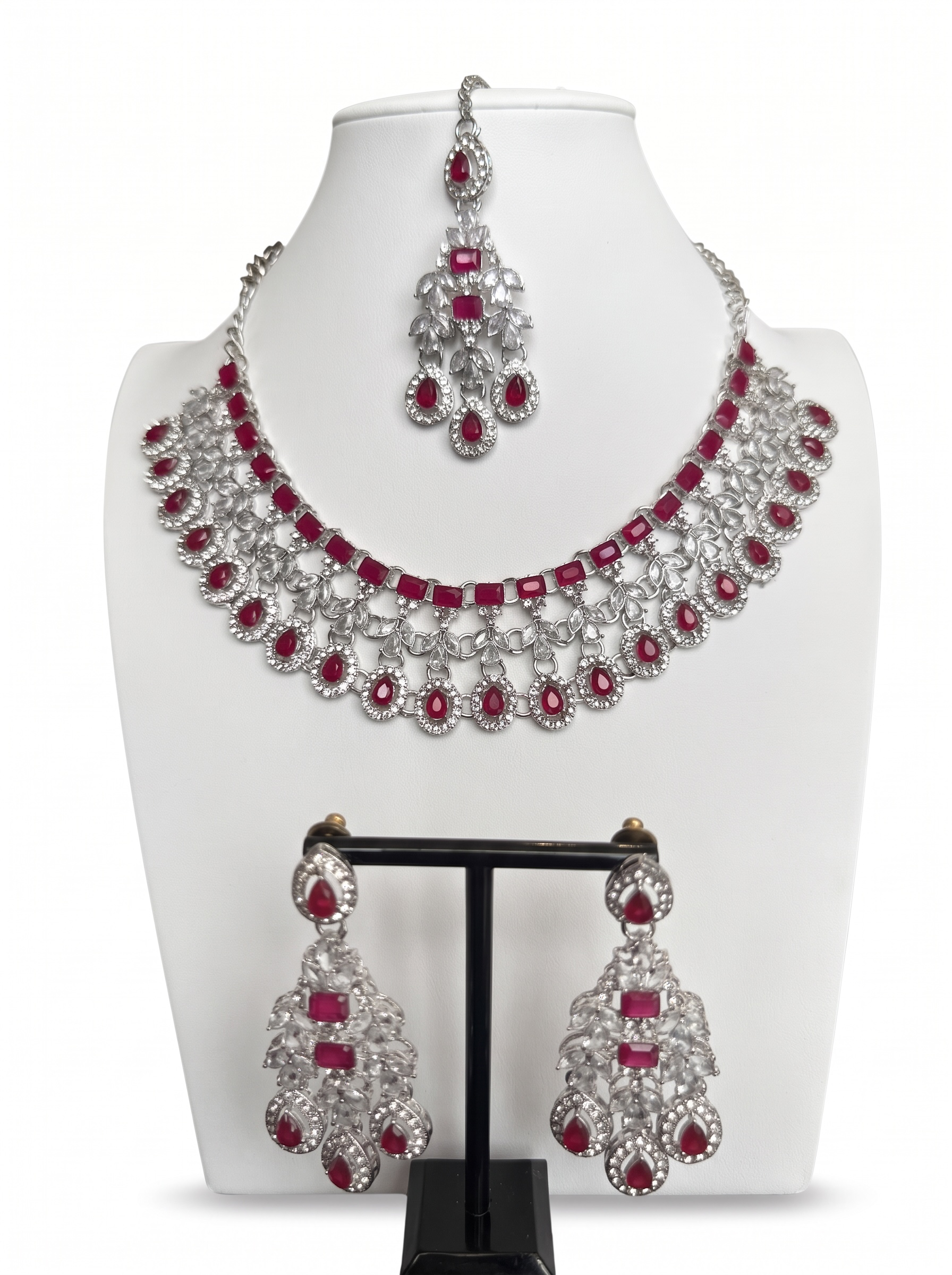 Silver-Tone AD Bridal Necklace Set with Earrings & Maang Tikka – 8 Colors