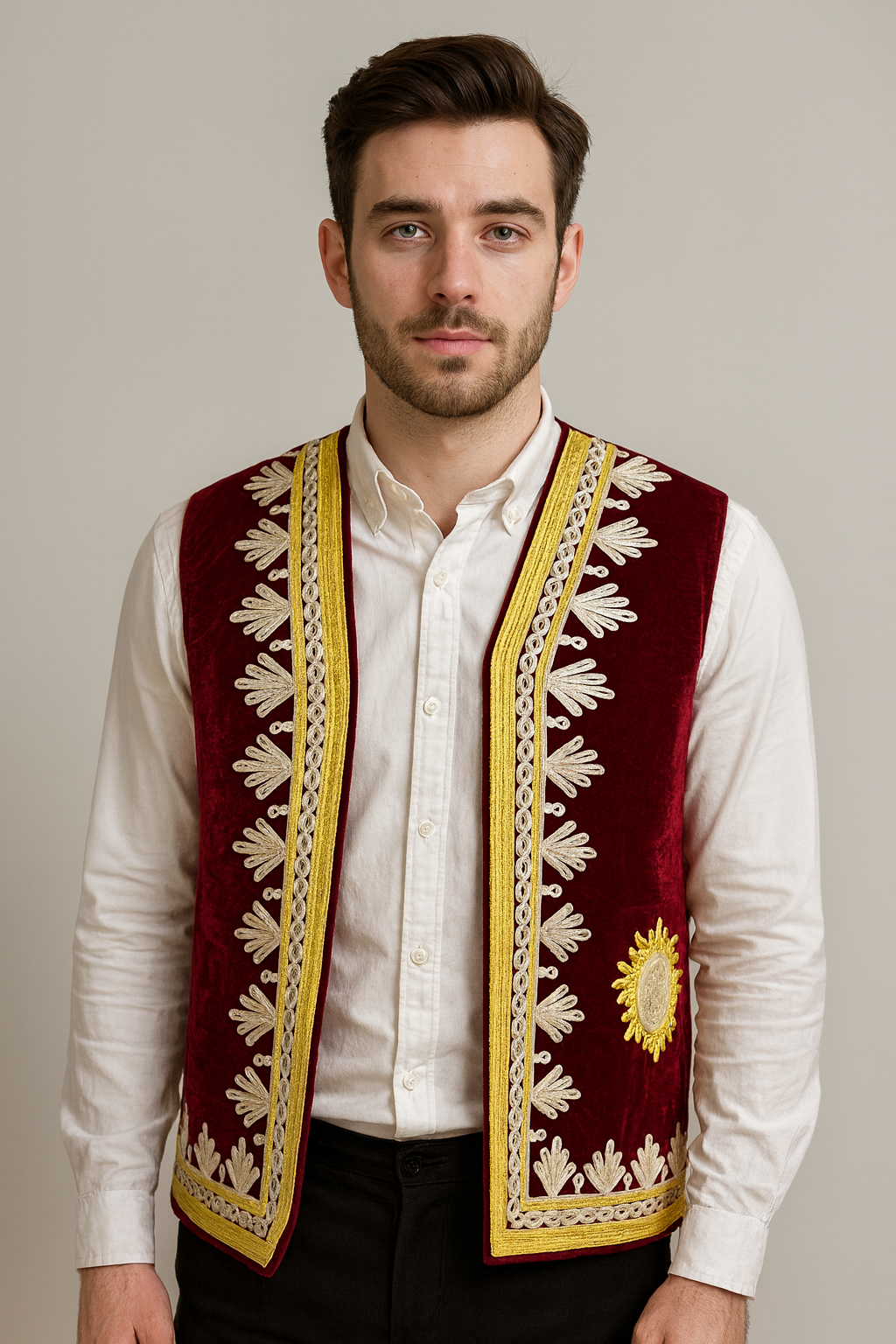 Men’s Maroon Velvet Afghan Vest with Gold & White Chermadozi | Handmade Traditional Waistcoat | Small