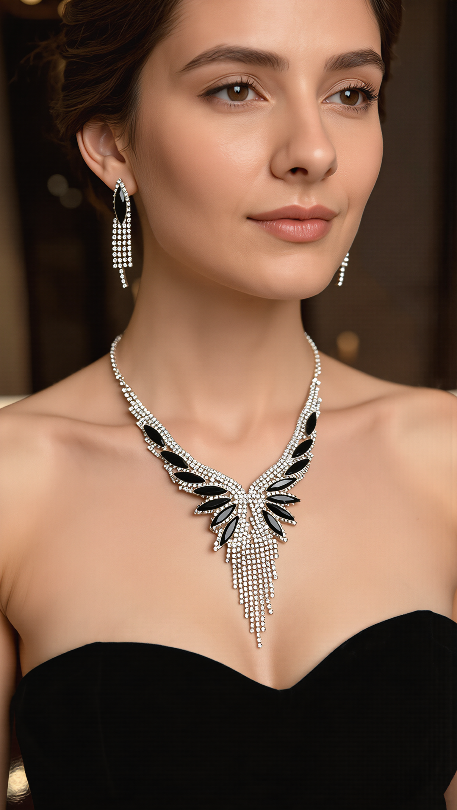 Crystal Rhinestone Statement Necklace & Earrings Set – Silver-Tone Leaf Design with Tassel, 7 Color Options, Jewelry Box Included
