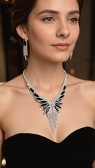 Crystal Rhinestone Statement Necklace & Earrings Set – Silver-Tone Leaf Design with Tassel, 7 Color Options, Jewelry Box Included