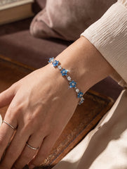 Blue Crystal Flower Bracelet – Silver Tone Floral Rhinestone Link Bracelet for Women 7072