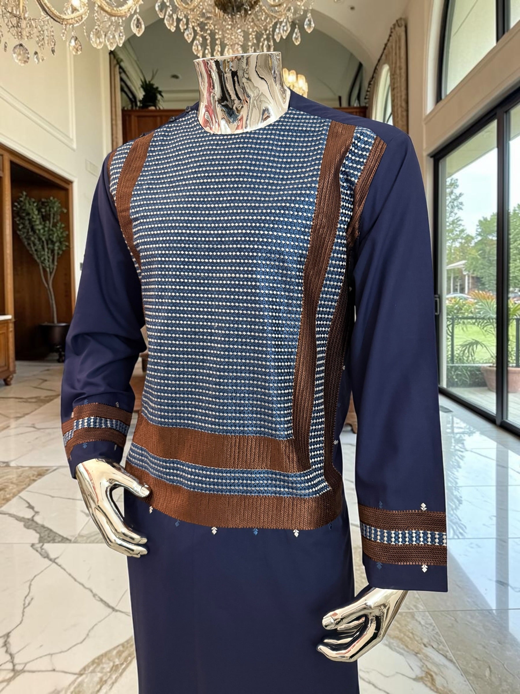 Large Navy Blue Afghan Parahan Tunban with Brown Machine Embroidery Detail