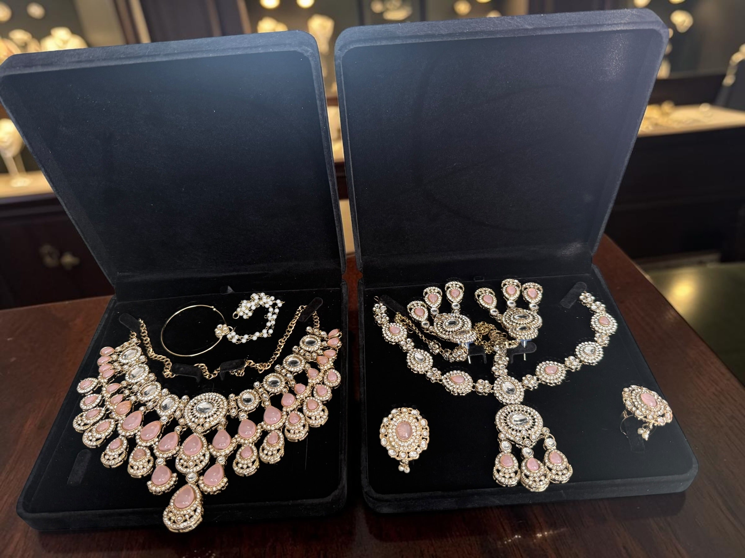 Blush Pink Kundan Half Bridal Jewelry Set – 6-Piece Necklace, Earrings, Sheeshphool, Nath & Adjustable Rings 6058